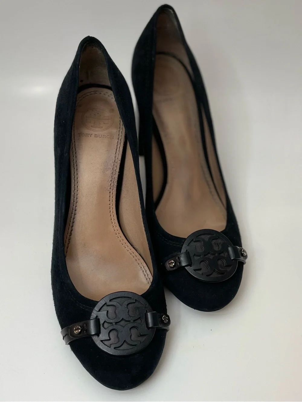 Tory Burch Mini Miller Black Suede Block-Heel Pumps with Medallion Accent